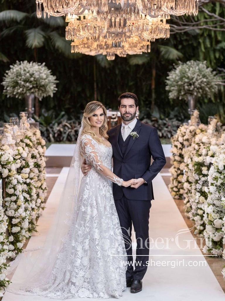 2 In 1 Appliqued Ball Gown Wedding Dress with Detachable Long Sleeves Bolero AWD1924-SheerGirl