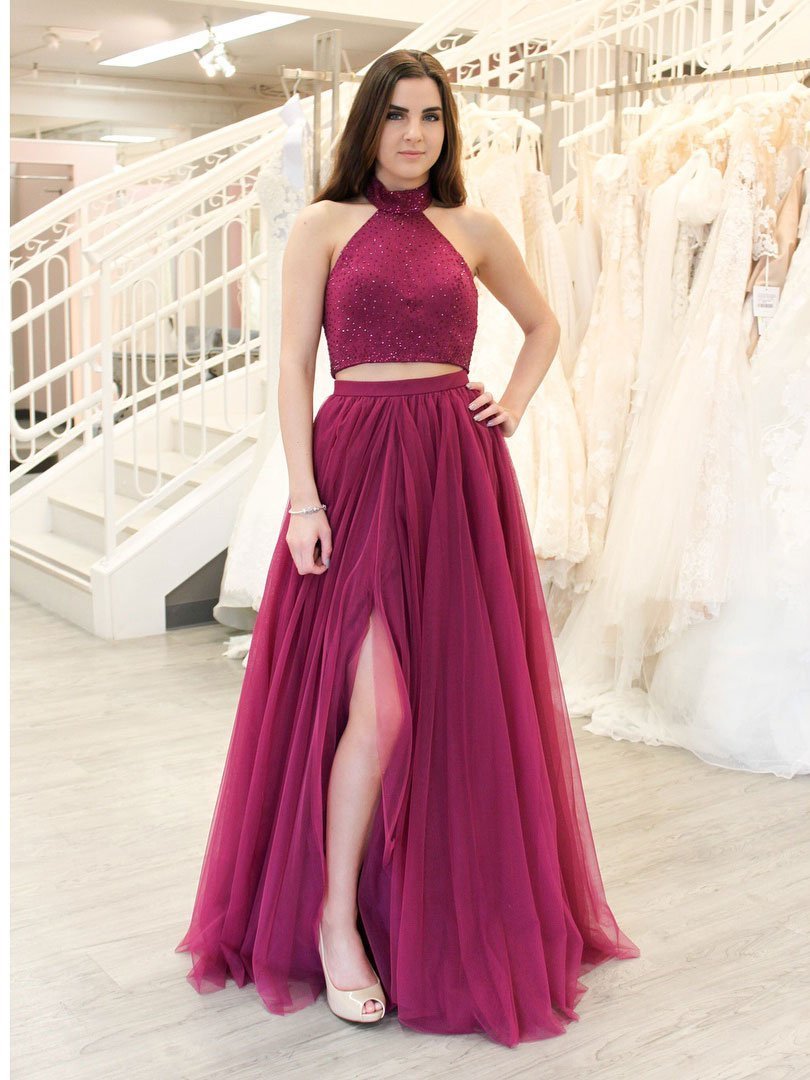 2 Piece Beaded Fuchsia Prom Dresses Long A Line Sexy Slit Tulle Prom Dress APD3398 2 Piece Beaded Fuchsia Prom Dresses Long A Line Sexy Slit Tulle Prom Dress APD3398