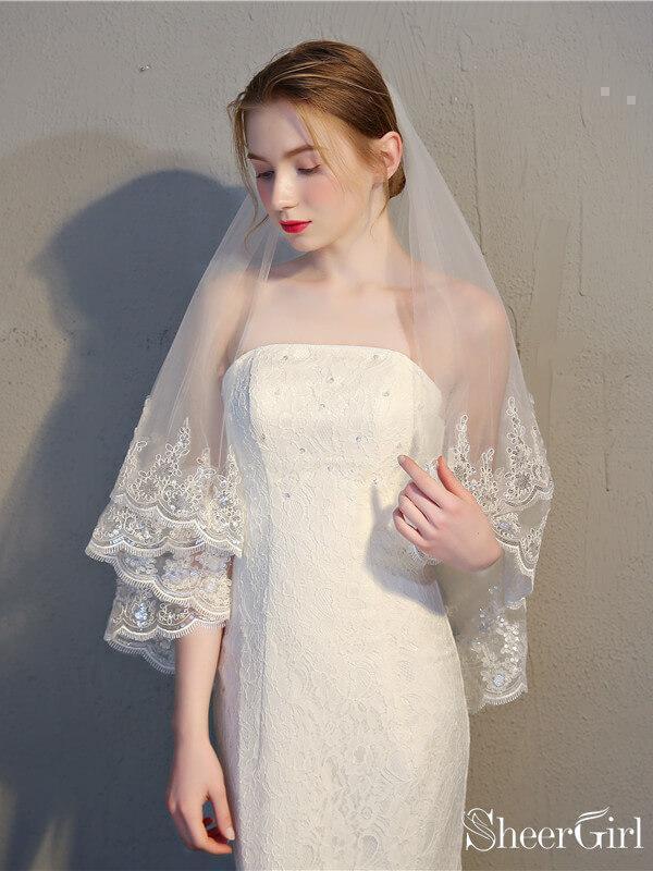 2 Tier Lace Wedding Veils Hip Length Bridal Veil ACC1002  display picture 1