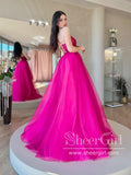 2 in 1 Hot Pink Sparkly Ball Gown V Neck Long Prom Dress with High Slit Detachable Train ARD2885-SheerGirl