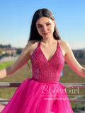 2 in 1 Hot Pink Sparkly Ball Gown V Neck Long Prom Dress with High Slit Detachable Train ARD2885-SheerGirl