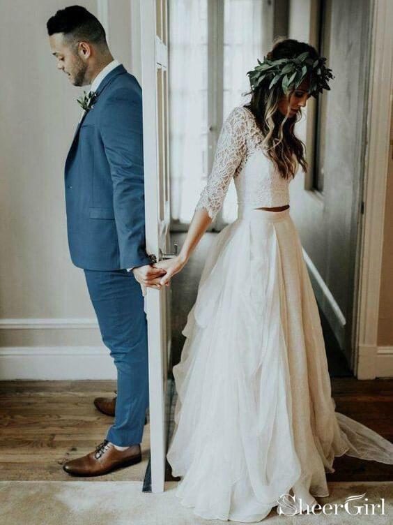3/4 Sleeve Lace Ivory Chiffon Rustic Wedding Dresses Cheap Two Piece  Wedding Dress AWD1266