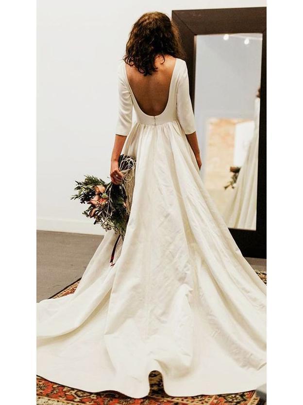 3/4 Sleeve Modest Wedding Dresses Backless Simple Long Sleeve