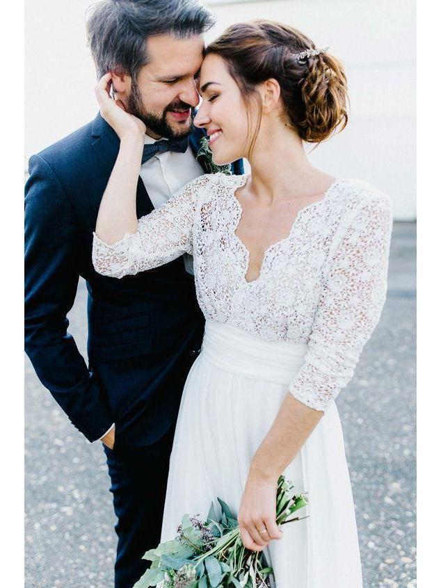 3/4 Sleeve See Through Backless Lace & Chiffon Rustic Wedding Dresses AWD1261-SheerGirl