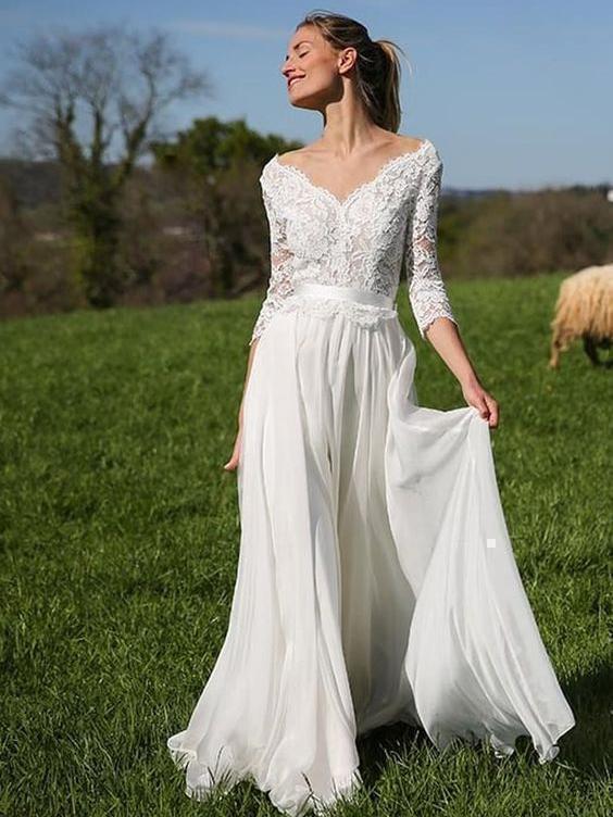 3 4 sleeve ivory lace dress 3/4 Sleeves Lace Top Long Chiffon Beach Wedding Dresses Ivory Country Bridal Dress AWD1264