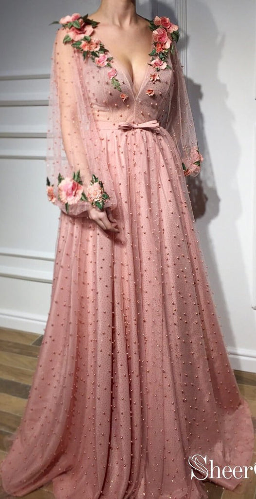 3D Floral Long Sleeve Pink Prom Dresses Pearl Beaded V Neck Formal Dress ARD1947-SheerGirl