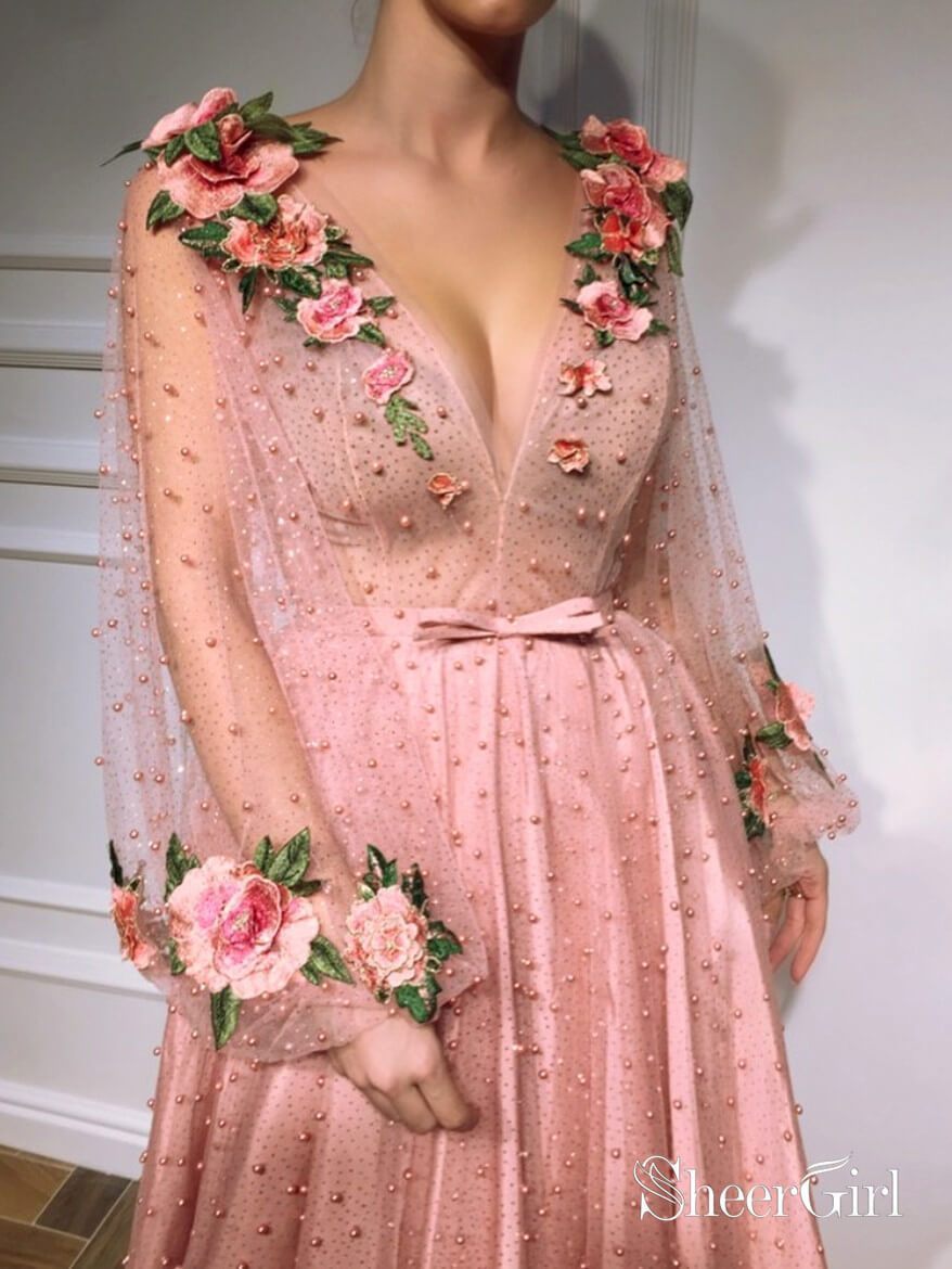3D Floral Long Sleeve Pink Prom Dresses Pearl Beaded V Neck Formal Dress ARD1947 3D Floral Long Sleeve Pink Prom Dresses Pearl Beaded V Neck Formal Dress ARD1947