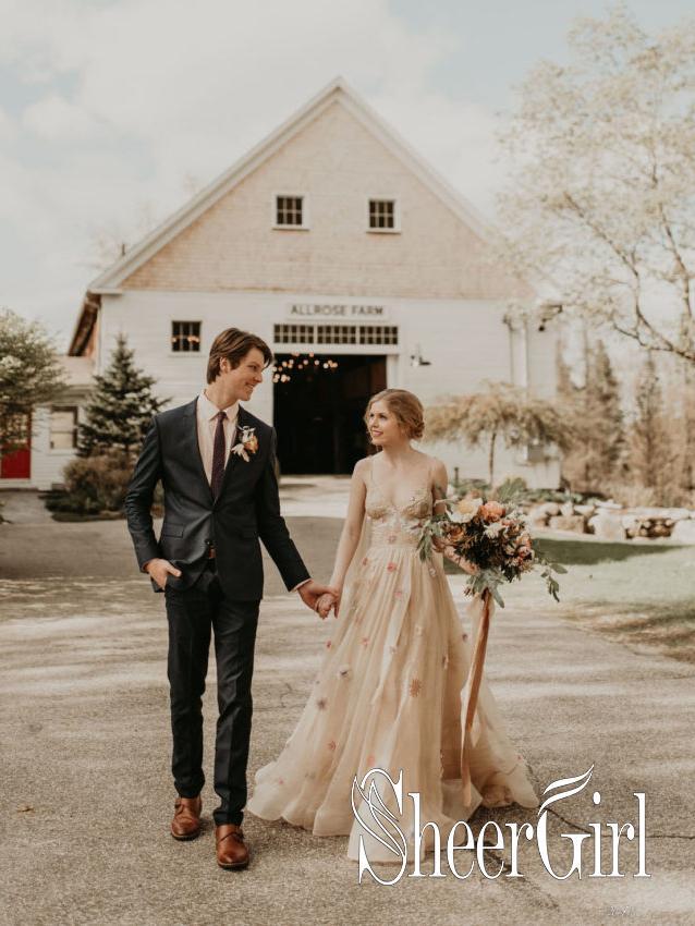 3D Flower Colorful Tulle Wedding Dresses V Neck Fairy Lace Bridal Dresses AWD1649-SheerGirl