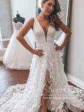 3D Flower Lace Plunge Neckline Wedding Dress with High Slit AWD1833-SheerGirl