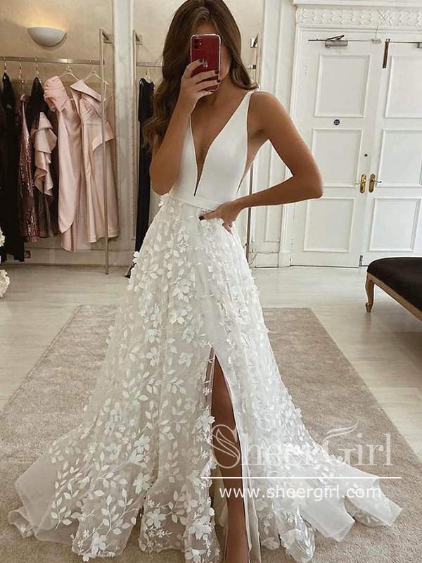 3D Flower Lace Plunge Neckline Wedding Dress with High Slit AWD1833 3D Flower Lace Plunge Neckline Wedding Dress with High Slit AWD1833