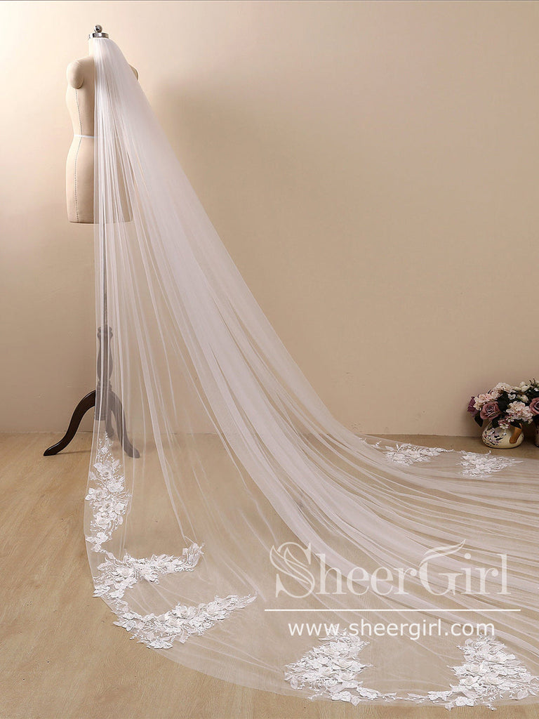 3D Flower Lace with Rhinestones Cathedral Veil Bridal Veil Wedding Veil ACC1187-SheerGirl
