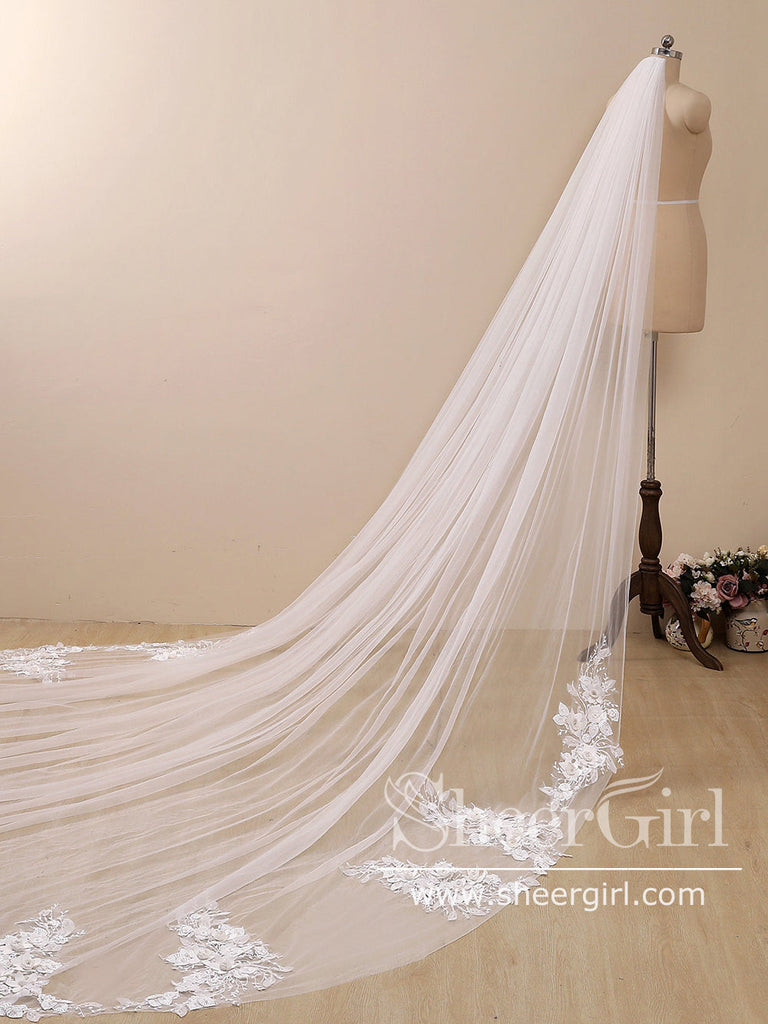 3D Flower Lace with Rhinestones Cathedral Veil Bridal Veil Wedding Veil ACC1187-SheerGirl