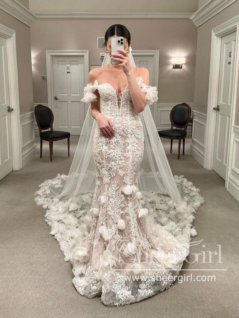 3D Flowers Lace Sheath Off the Shoulder Wedding Dress with Chapal Train AWD1893-SheerGirl