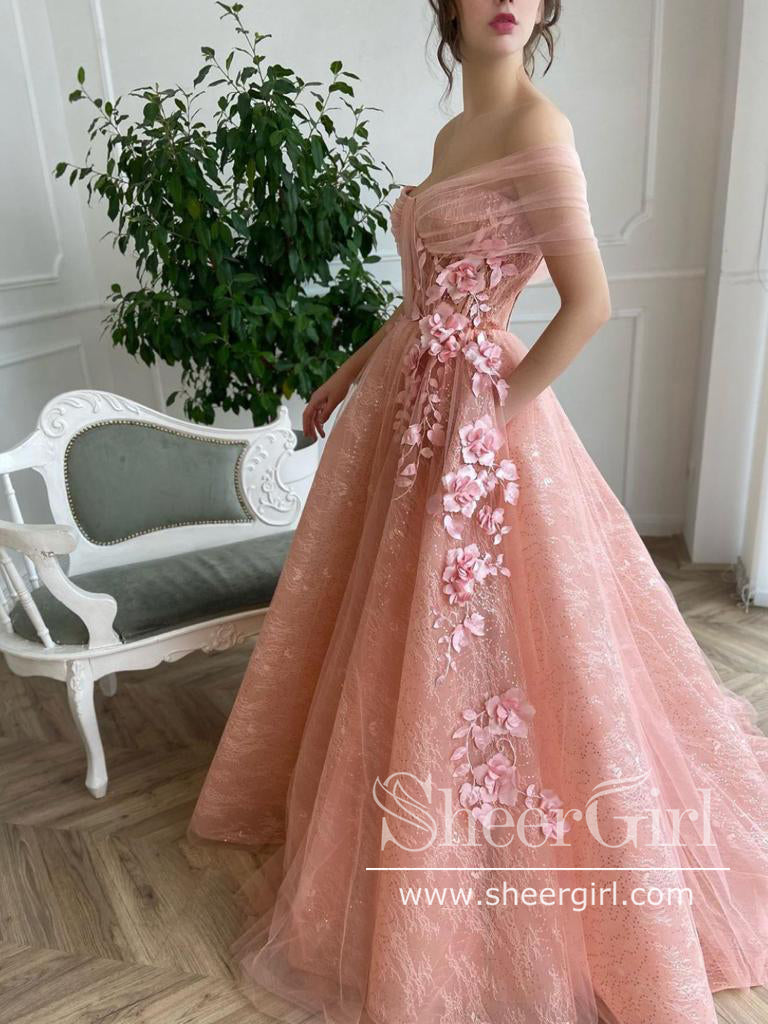 3D Flowers Off The Shoulder Prom Dresses Lace Long Formal Dress ARD2779-SheerGirl