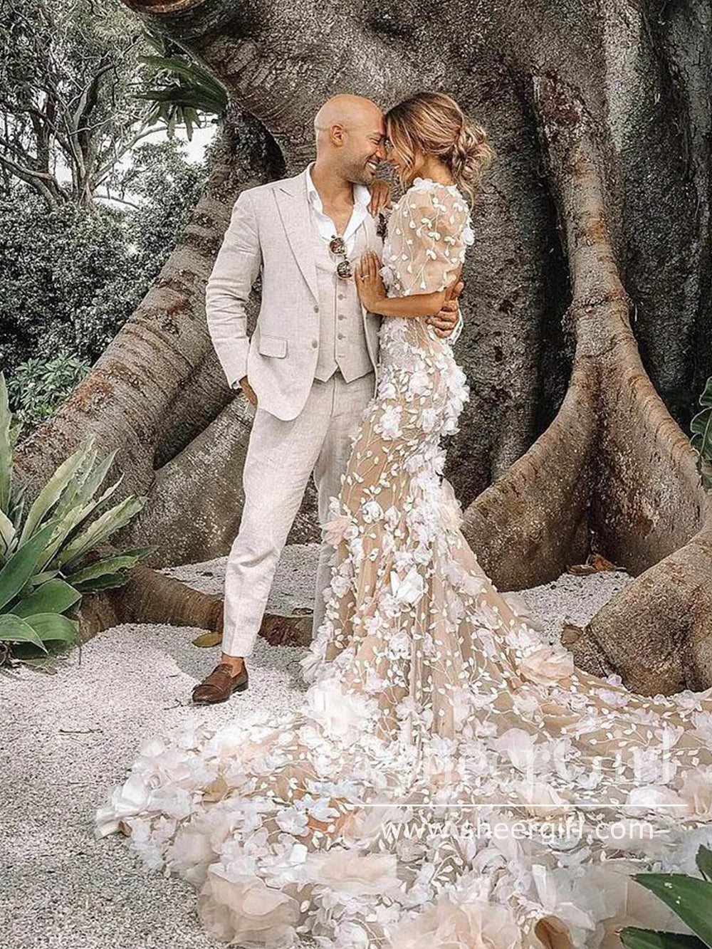 3D Flowers Puff Short Sleeves Stunning Mermaid Wedding Dress