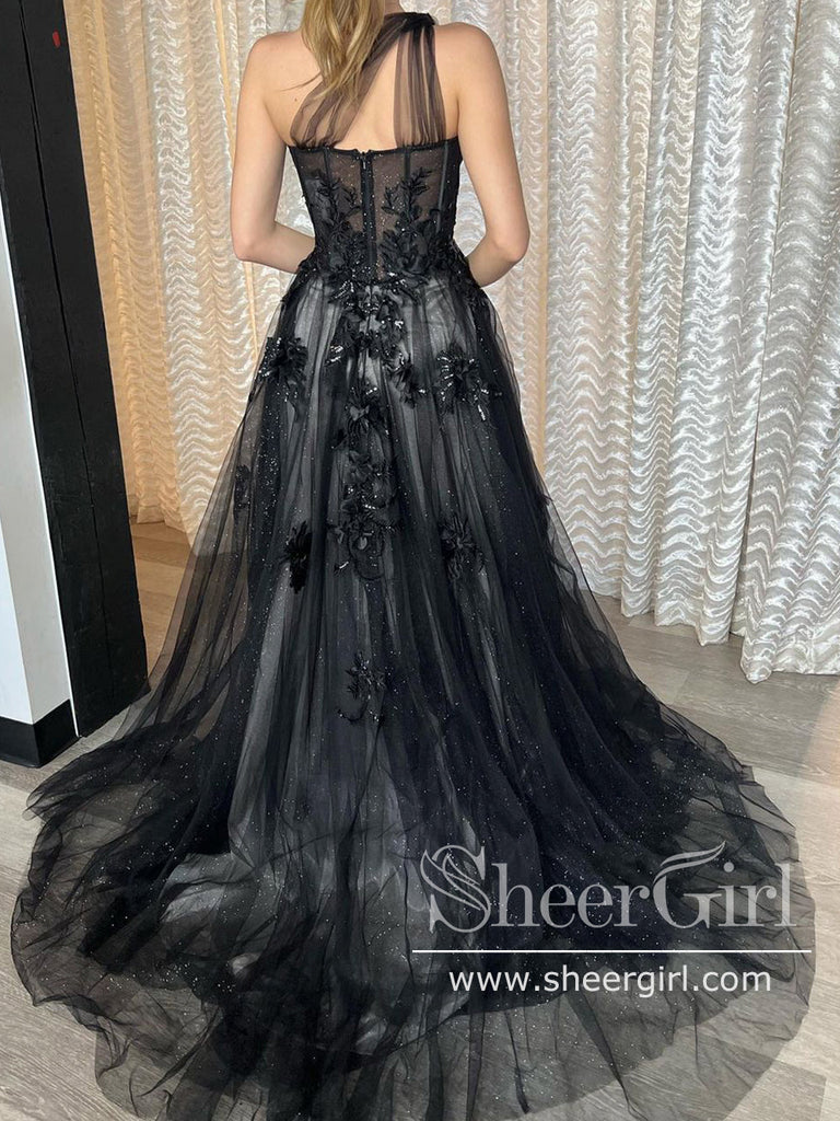 3D Flowers Single Shoulder Prom Dresses Black Lace Long Formal Dress with Hight Slit ARD2920-SheerGirl