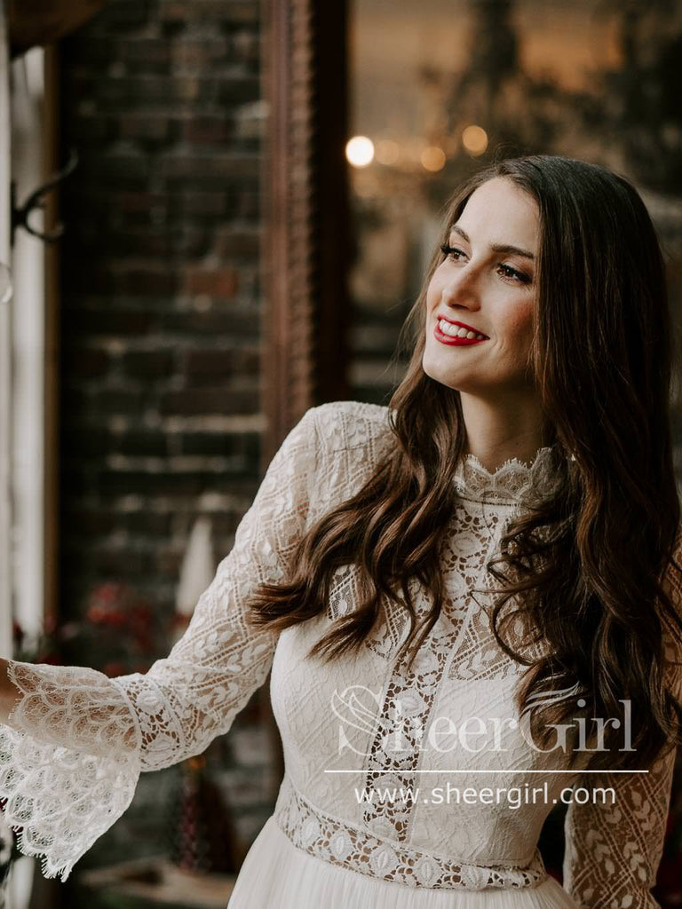 A Line 3/4 Trumpet Long Sleeve Lace Wedding Dresses Chiffon Beach Wedding Dress AWD1799-SheerGirl