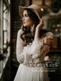 A Line 3/4 Trumpet Long Sleeve Lace Wedding Dresses Chiffon Beach Wedding Dress AWD1799-SheerGirl