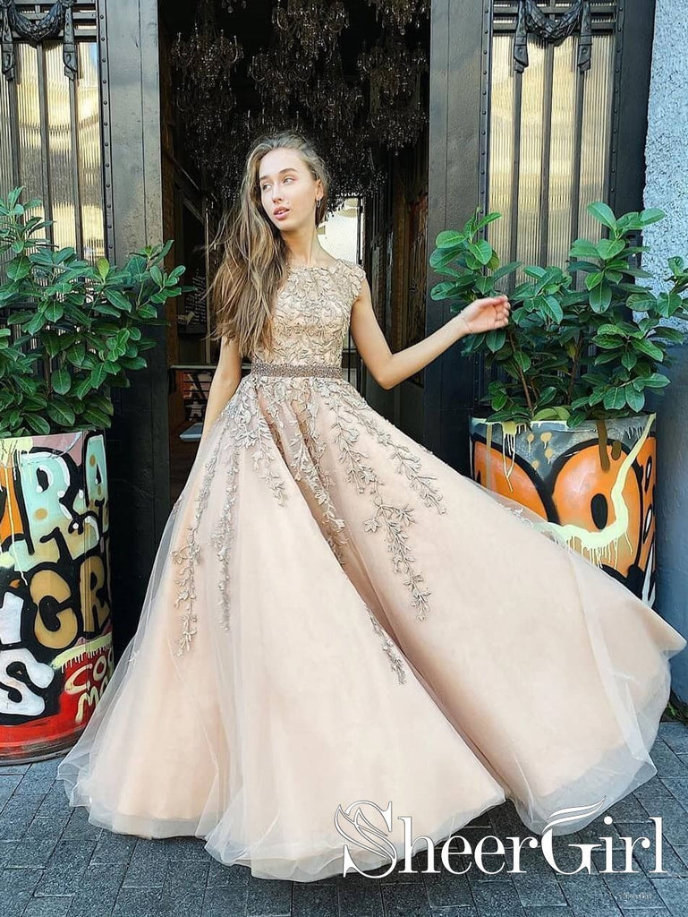 A Line Bateau Neckline Beadings Sash Prom Gown Champagne Appliqued Lace Up Back Prom Dress ARD2534-SheerGirl