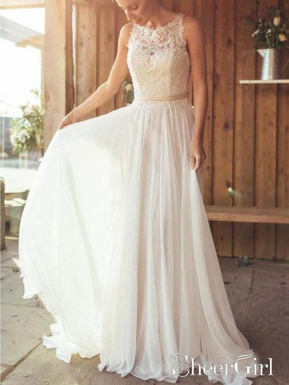 A-Line Chiffon Wedding Dresses Ivory Appliques With Beadings See Through Neckline Wedding Gowns AWD1604 A-Line Chiffon Wedding Dresses Ivory Appliques With Beadings See Through Neckline Wedding Gowns AWD1604