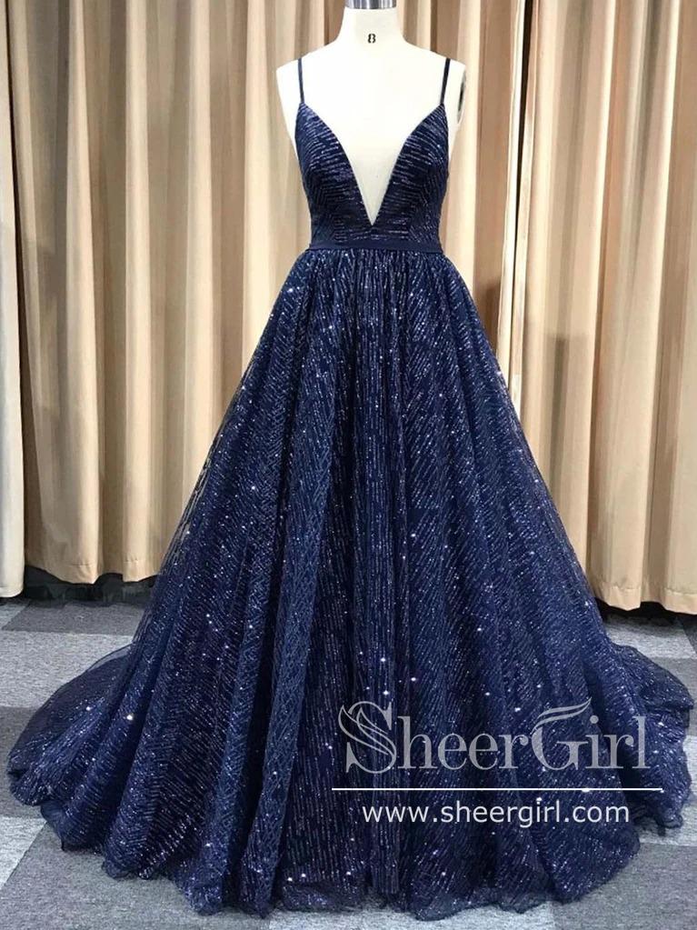 A Line Deep V Neckline Glitter Lace Long Prom Dress with Spagghetti St SheerGirl A Line Deep V Neckline Glitter Lace Long Prom Dress with Spagghetti St SheerGirl