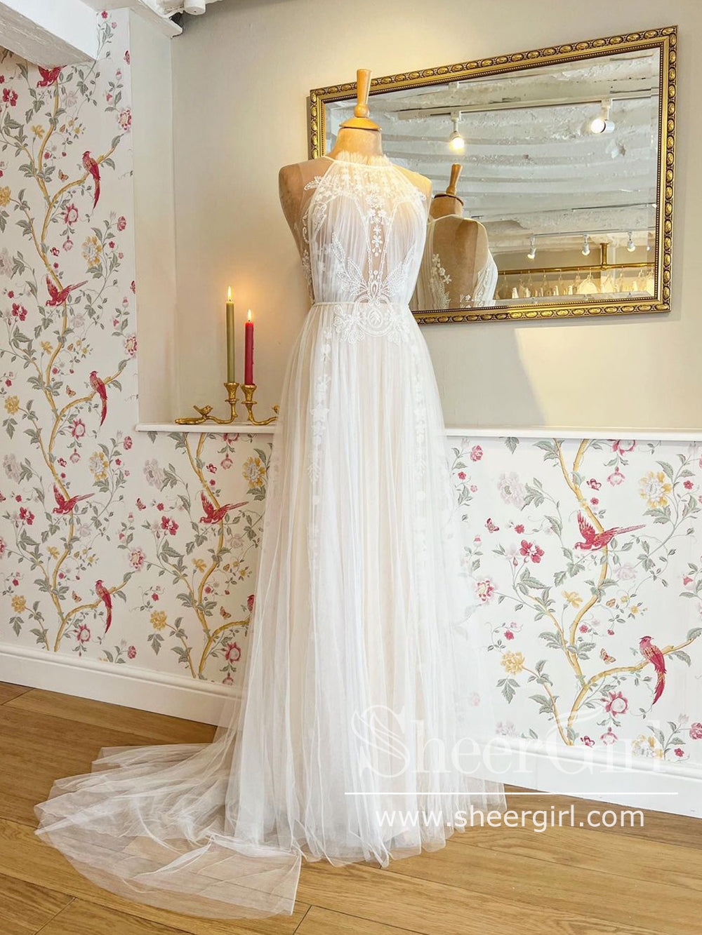 A Line Delicated Lace Tulle Wedding Dresses See Through Halter Neck Bridal Dress AWD1906 A Line Delicated Lace Tulle Wedding Dresses See Through Halter Neck Bridal Dress AWD1906