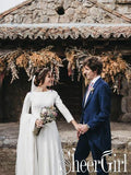 A Line Ivory Satin Cornflower Embroidery Long Sleeves Simple Wedding Dresses AWD1653-SheerGirl