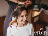 A Line Ivory Satin Cornflower Embroidery Long Sleeves Simple Wedding Dresses AWD1653-SheerGirl