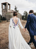 A Line Ivory Satin Cornflower Embroidery Long Sleeves Simple Wedding Dresses AWD1653-SheerGirl