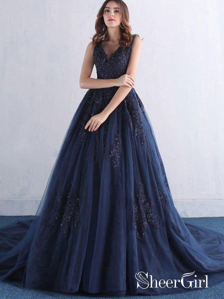 A Line Lace Appliqued Beaded Prom Dresses Navy Blue Quinceanera Dress with Corset Back APD3352-SheerGirl