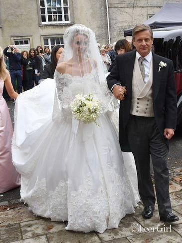 a line dress with veil A Line Mid-Sleeves Ivory Satin Wedding Dresses With Cathedral Train Royal Lace Wedding Gowns AWD1622
