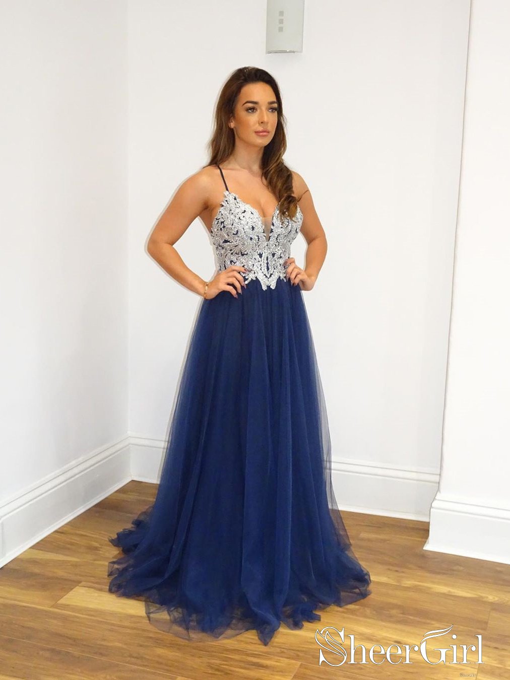 A Line Navy Blue Tulle Prom Dresses Spaghetti Back Crossed Straps Prom Gown ARD2482