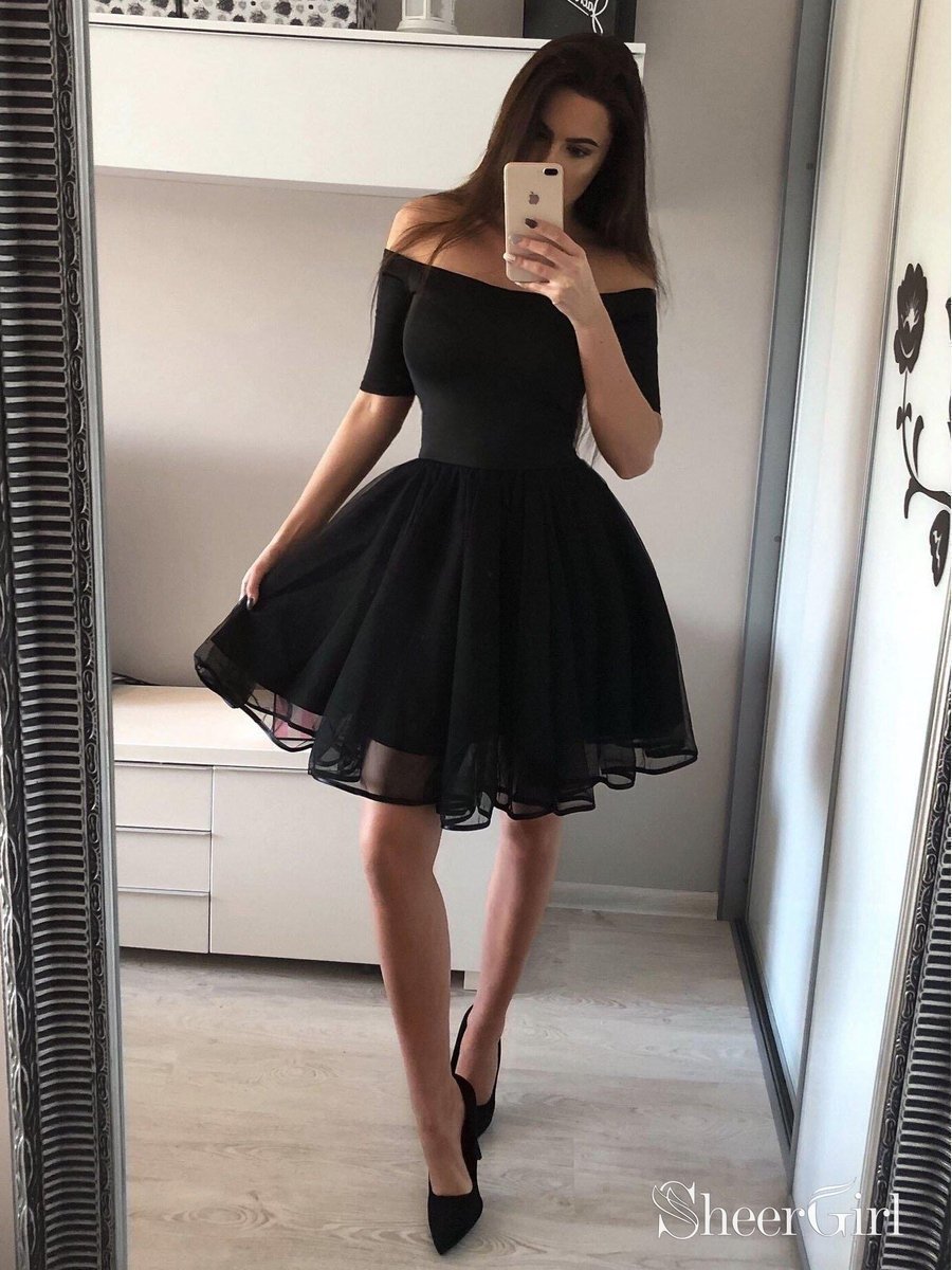 A Line Off the Shoulder Black Homecoming Dresses Chic Little Black Dress SheerGirl A Line Off the Shoulder Black Homecoming Dresses Chic Little Black Dress SheerGirl