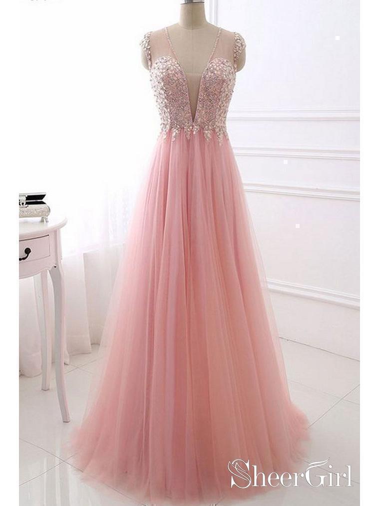 A Line Pink Beaded Prom Dresses Tulle Long See Through Back Maxi Formal Evening Gowns ARD1032 A Line Pink Beaded Prom Dresses Tulle Long See Through Back Maxi Formal Evening Gowns ARD1032