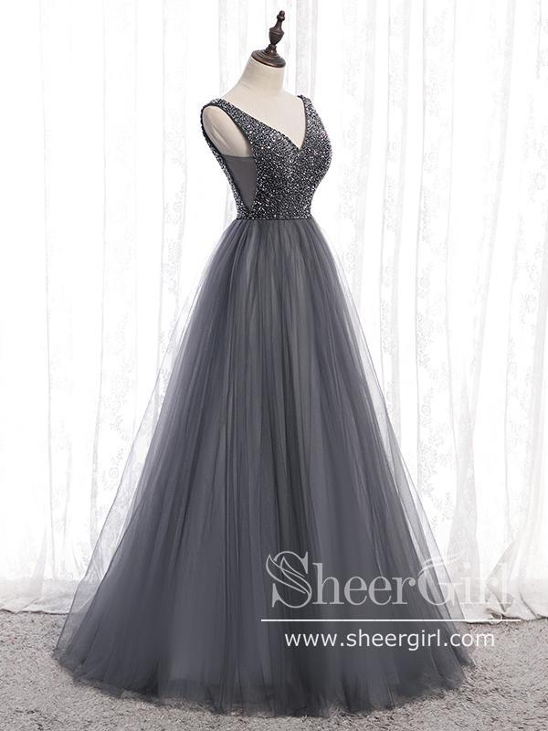 A Line Rhinestones Bodice V Neckline Tulle Floor Length Prom Dress with Corset Back ARD2643-SheerGirl