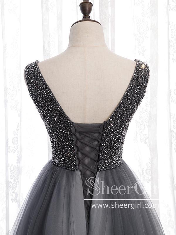 A Line Rhinestones Bodice V Neckline Tulle Floor Length Prom Dress with Corset Back ARD2643-SheerGirl