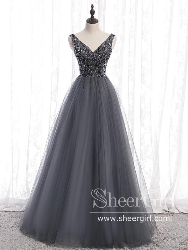 A Line Rhinestones Bodice V Neckline Tulle Floor Length Prom Dress with Corset Back ARD2643-SheerGirl