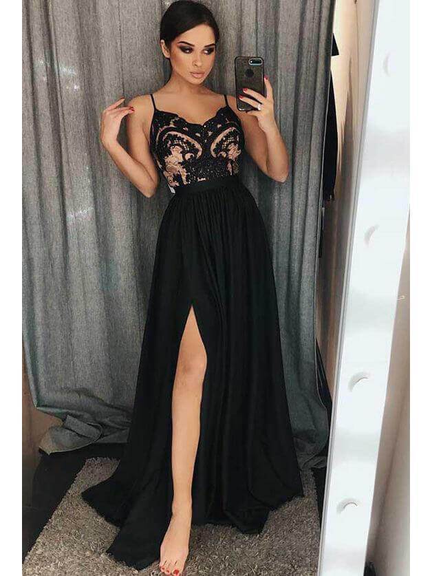 A Line Spaghetti Strap V Neck Black Prom Dresses Side Slit Formal Dress ARD1774 A Line Spaghetti Strap V Neck Black Prom Dresses Side Slit Formal Dress ARD1774