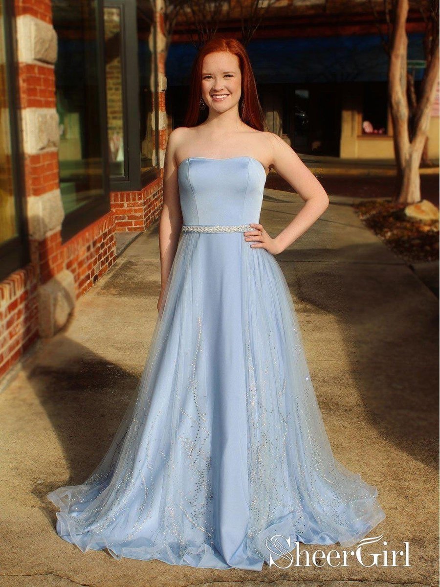 A Line Strapless Blue Prom Dresses Beaded Long Quinceanera Dress Plus Size  – SheerGirl