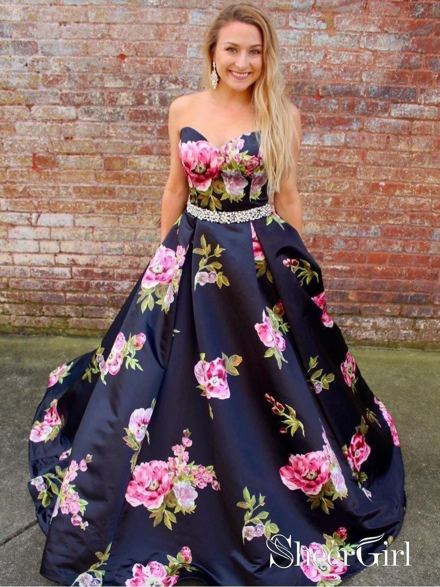 Dress Navy Floral – Blue |Sheergirl.com SheerGirl A Printed Prom Beaded Dresses Strapless Quinceanera Line