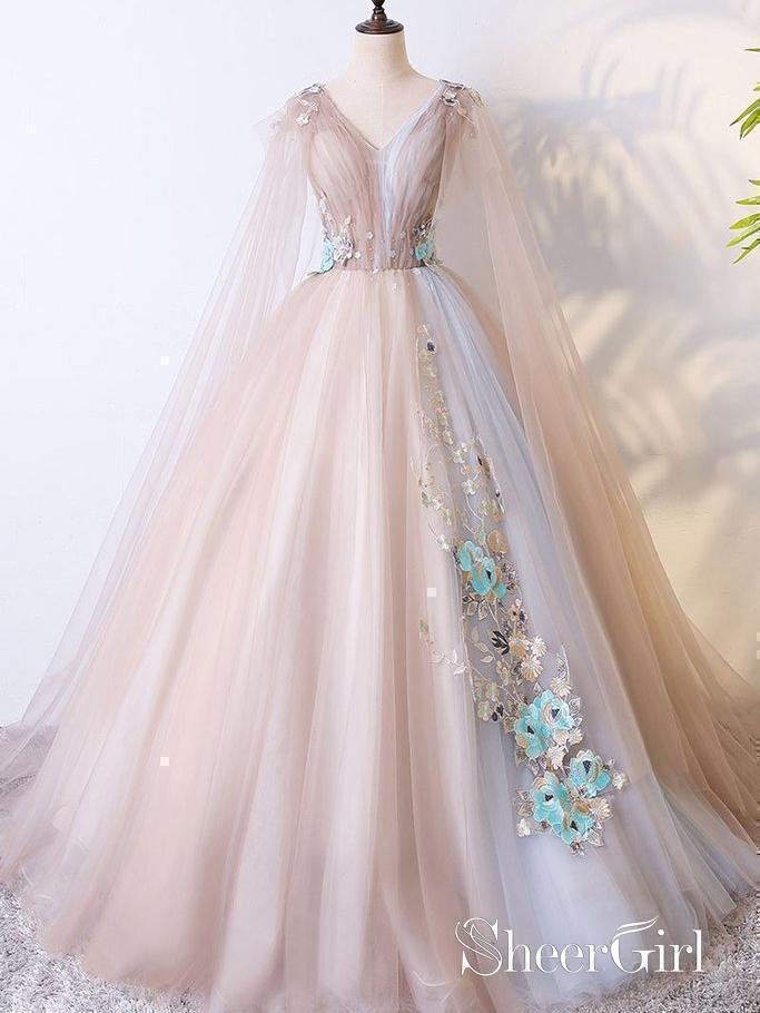 A Line Tulle Khaki Embroidery Appliqued Prom Dresses Cape Sleeve Evening Ball Gowns ARD1028 A Line Tulle Khaki Embroidery Appliqued Prom Dresses Cape Sleeve Evening Ball Gowns ARD1028
