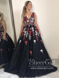 A Line V Neck Floral Embroidery Colorful Lace with Rhinestones Sash Long Prom Dresses ARD2639-SheerGirl