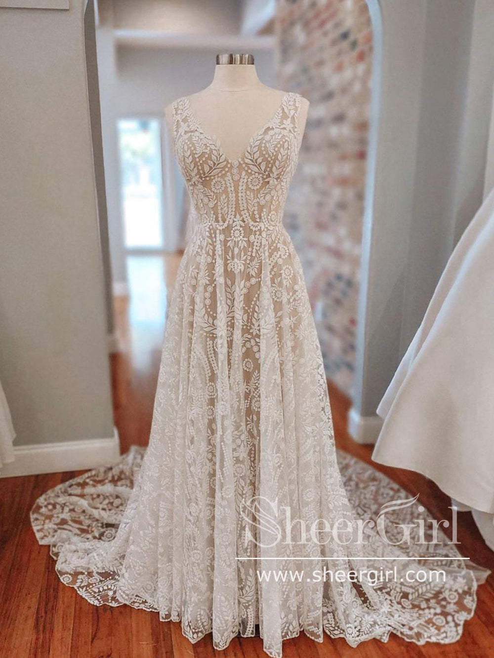 A Line V Neck Lace Wedding Dresses Rustic Court Train Wedding Dress AWD1856 A Line V Neck Lace Wedding Dresses Rustic Court Train Wedding Dress AWD1856