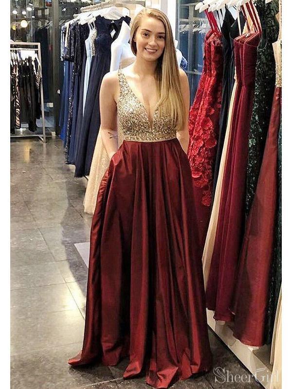 A-line Beaded Prom Dresses V-neck Formal Dresses With Pockets ARD2337 A-line Beaded Prom Dresses V-neck Formal Dresses With Pockets ARD2337
