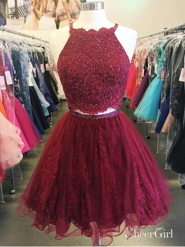 A-line Halter 2 Piece Lace Short Prom Homecoming Dresses APD2743 – SheerGirl