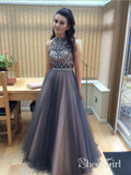 A-line Halter High Neck Beaded Top Tulle 2 Piece Long Prom Dresses apd1939-SheerGirl