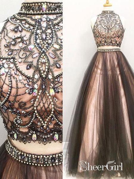 2 piece halter dress Two-Piece Long Jersey Halter Dress With Beaded Bodice