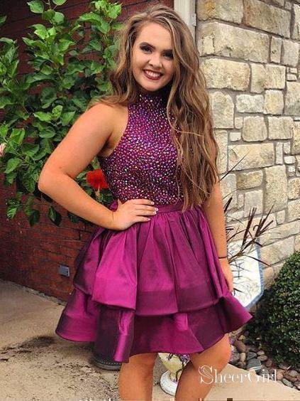 A-Line Halter High Neck Rhinestone Beaded Shiny Homecoming Dresses Apd2651