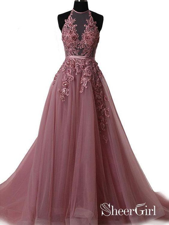 A-line Halter Lace Appliqued Formal Evening Gowns See-through Long Prom Dresses APD3049-SheerGirl