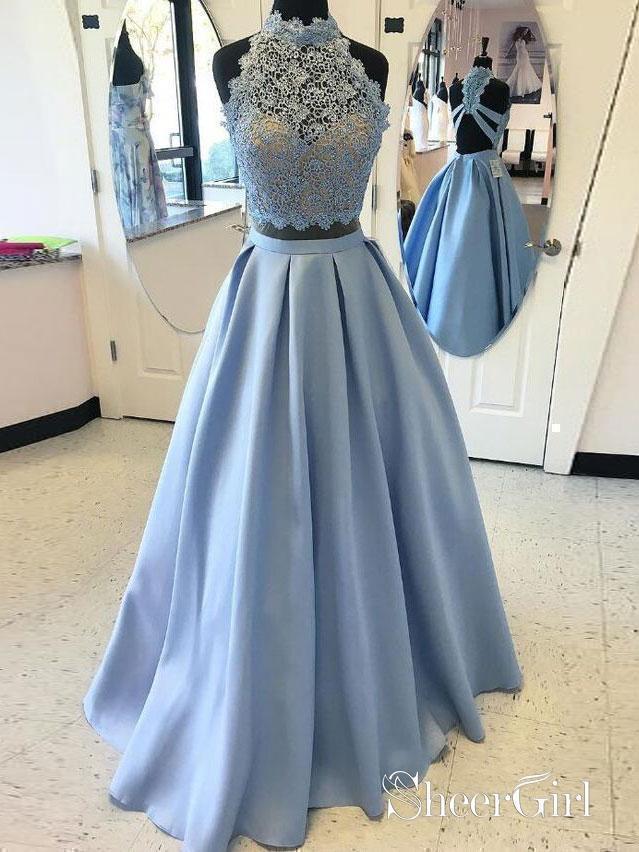 A-line Halter Lace Top Satin Two Piece Long Prom Dresses APD2102 A-line Halter Lace Top Satin Two Piece Long Prom Dresses APD2102